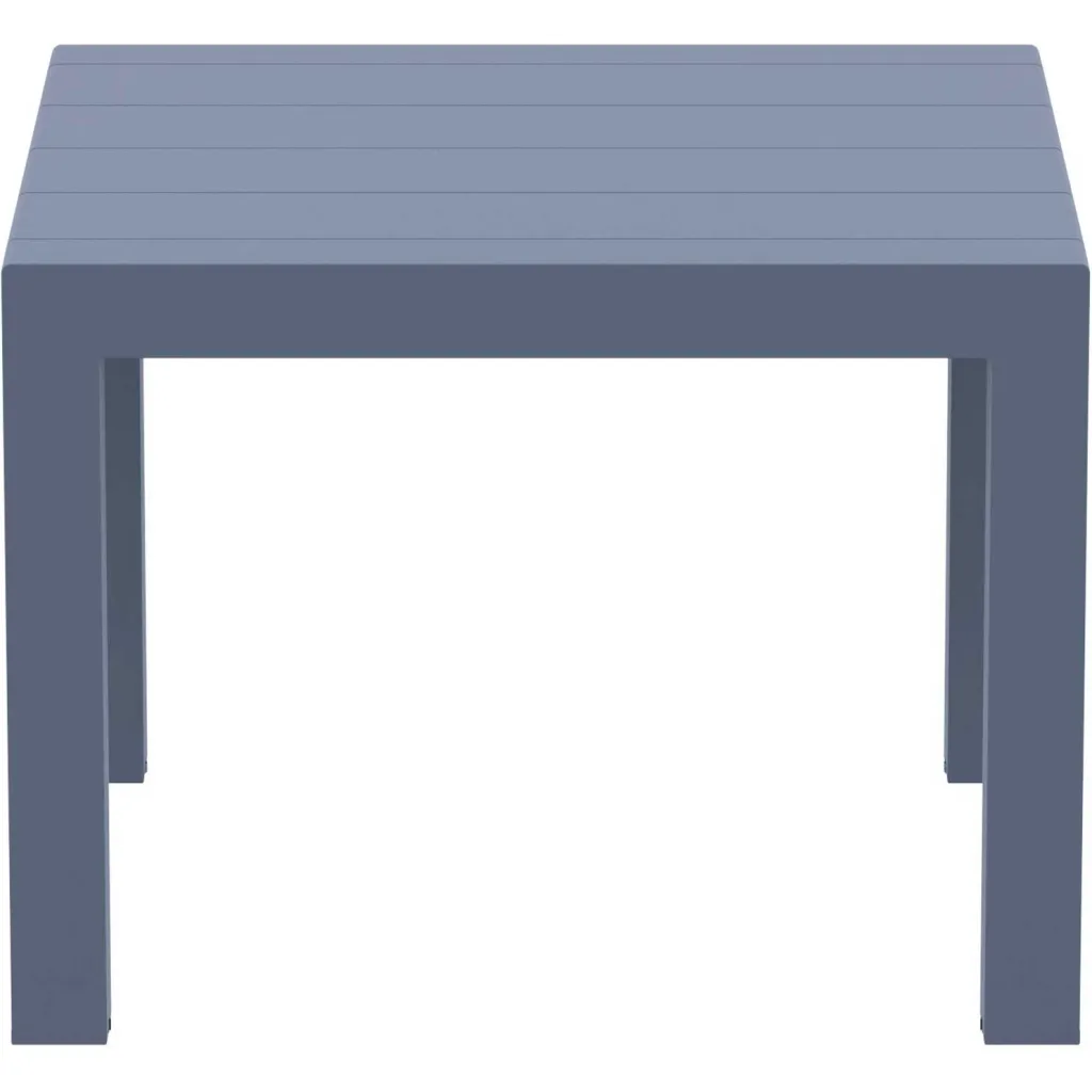 Gray outdoor table with slatted top and four legs from front view