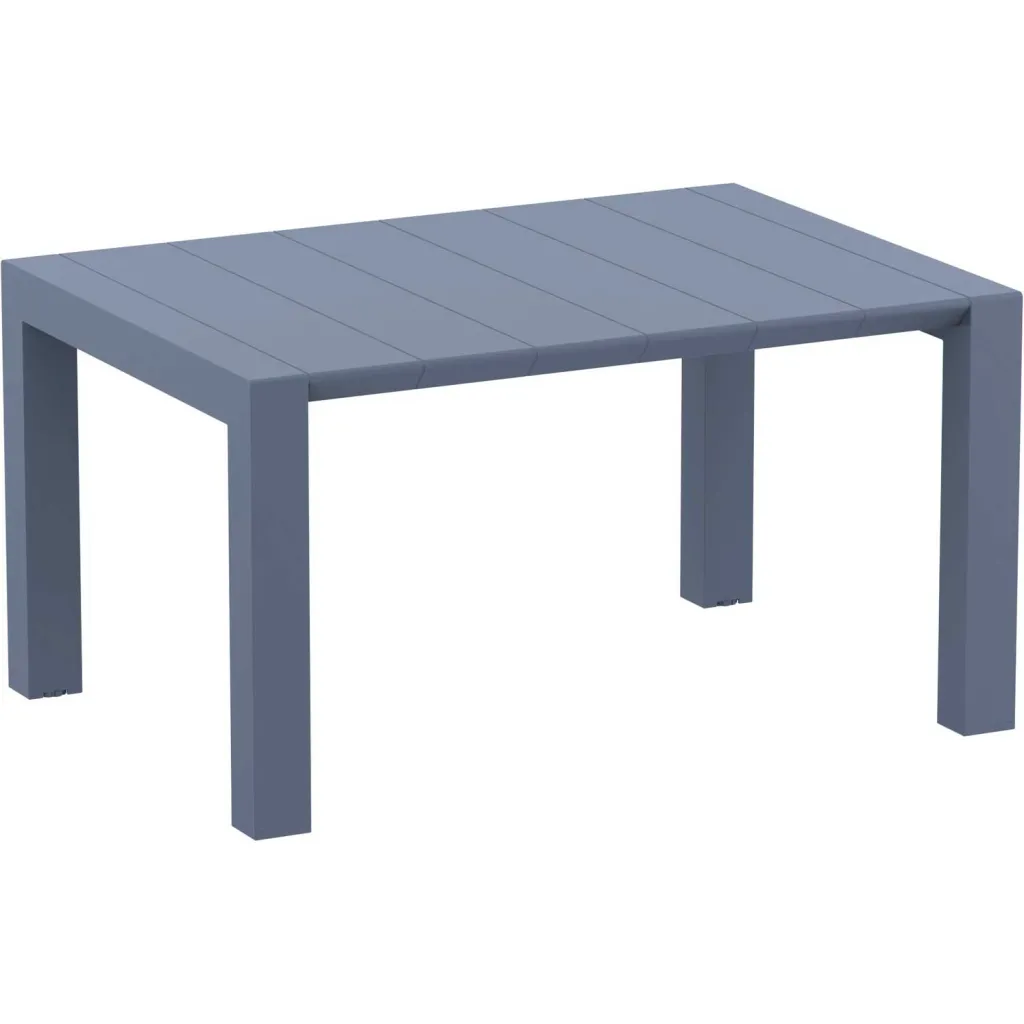 Gray outdoor table with slatted top and four legs from angled front view