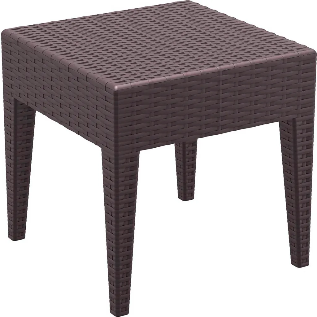 Brown woven square outdoor coffee table with four legs.
