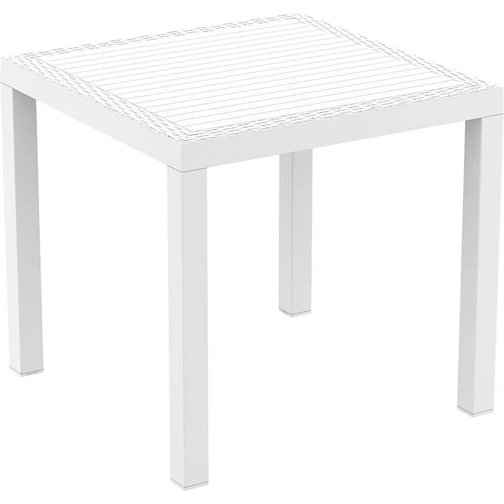 White square table with slatted top, four sturdy legs