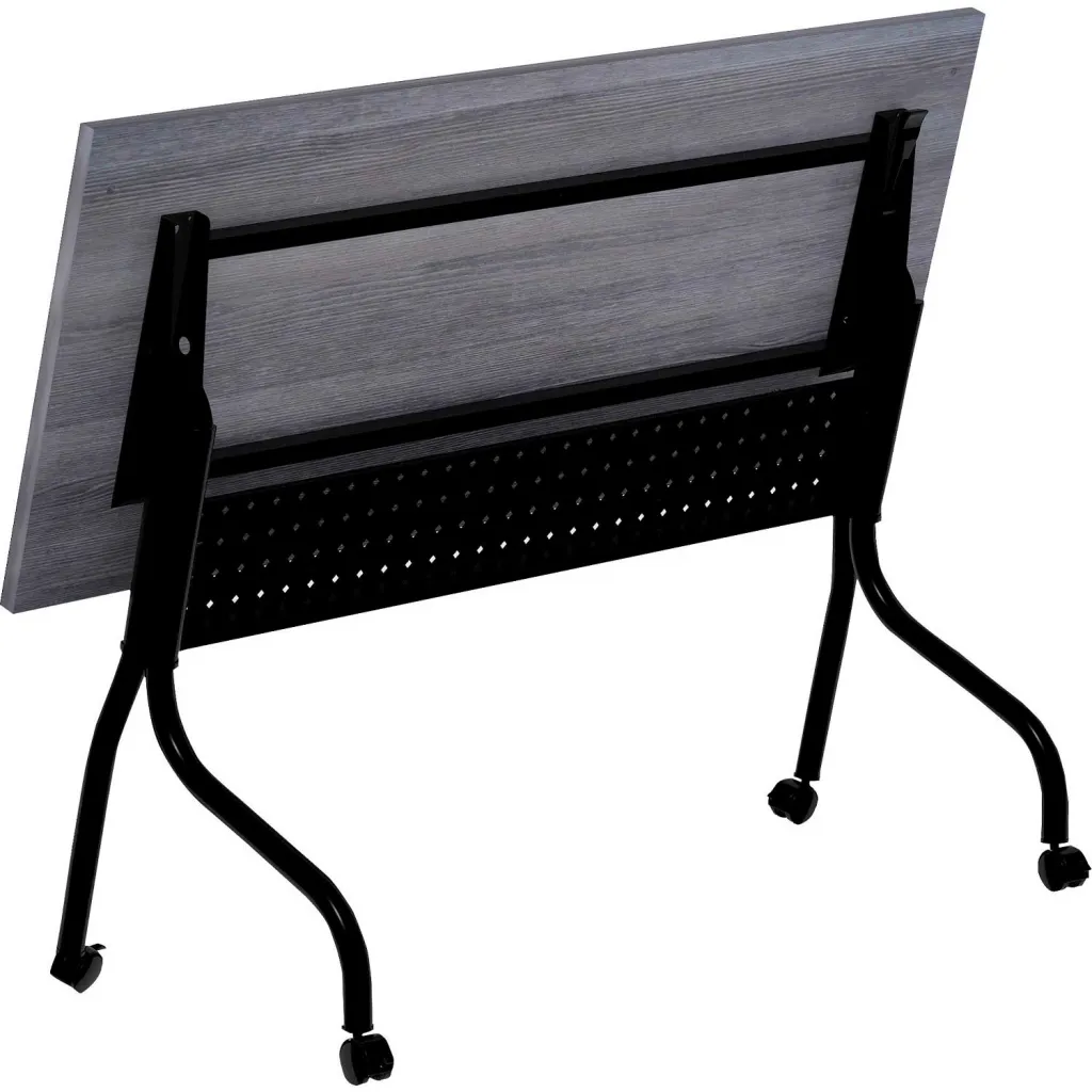 Gray desk with black metal legs and perforated panel, shown from side