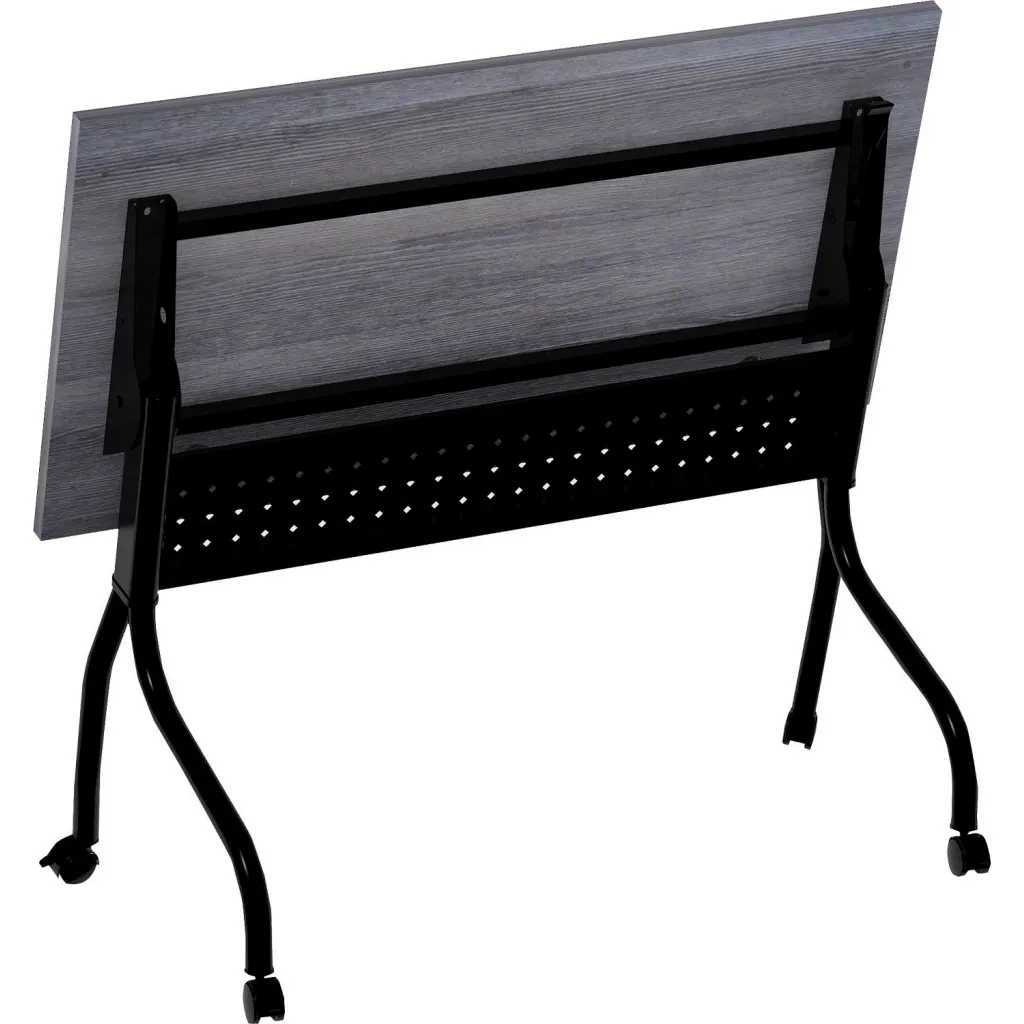 Back of gray woodgrain desktop with black metal frame