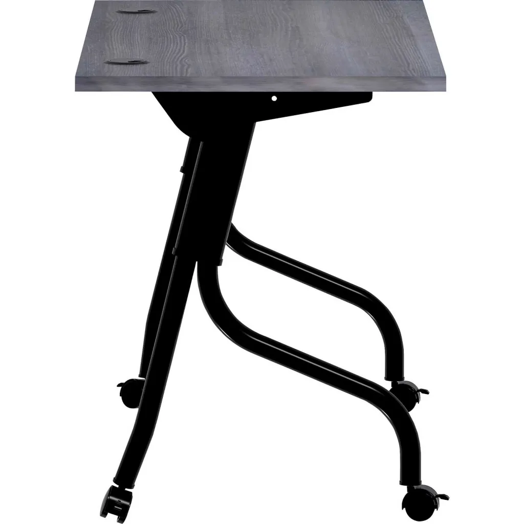 Close-up of adjustable leg and corner of gray woodgrain desktop