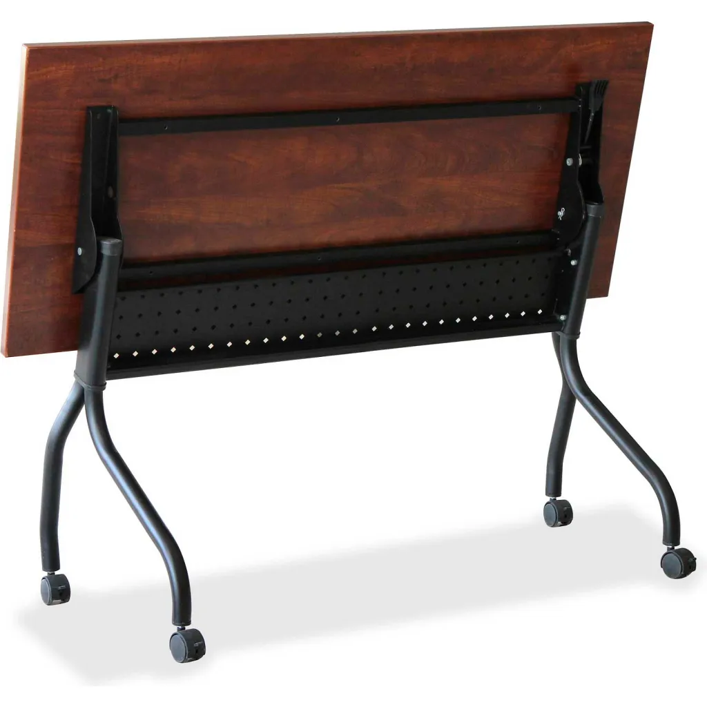 Brown wooden desk with black metal frame from rear view, folded