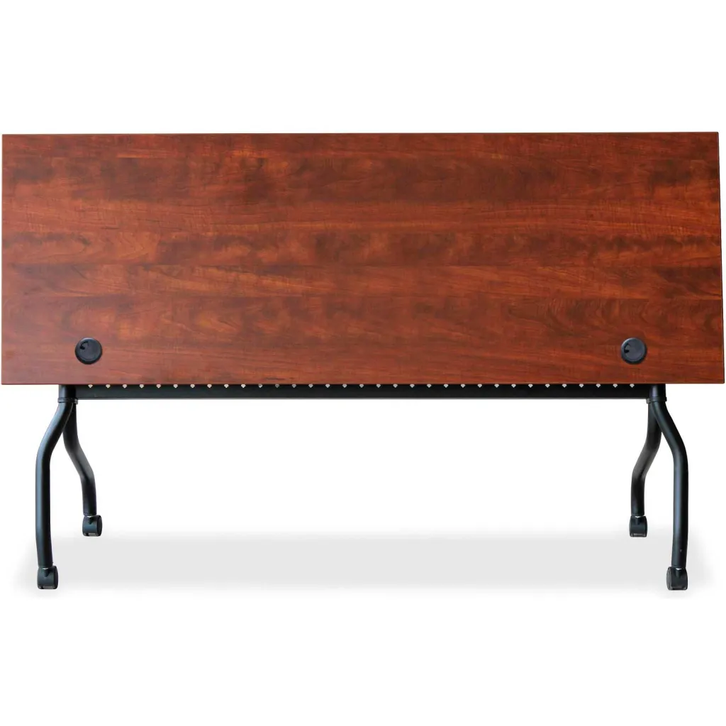 Under side of brown wooden tabletop with black metal frame