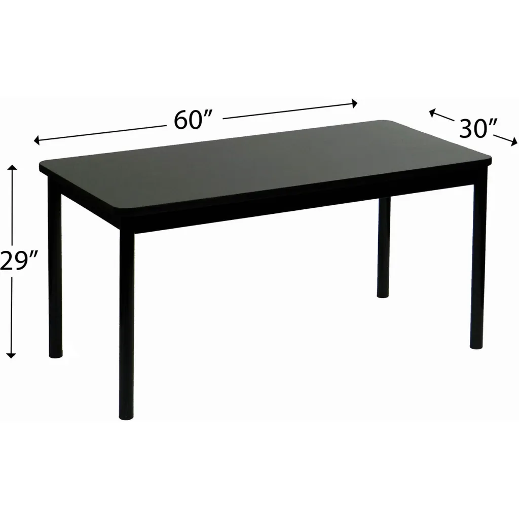 A black table with four legs and dimensions