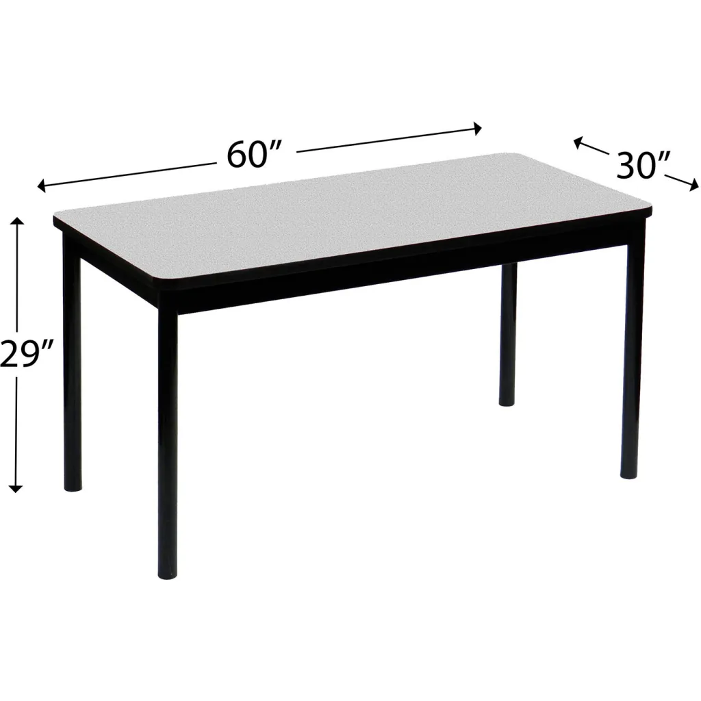 A black table with a gray top and dimensions