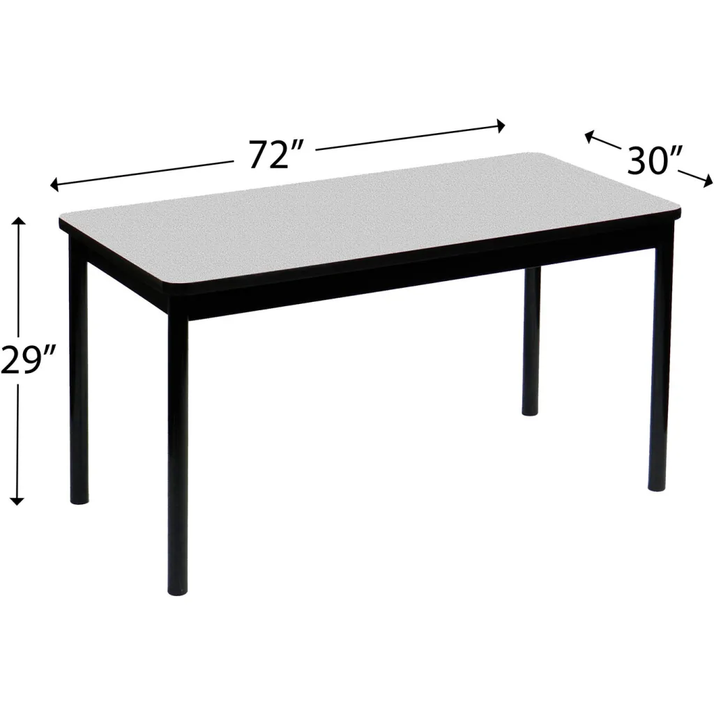 A black table with a gray top and dimensions listed.