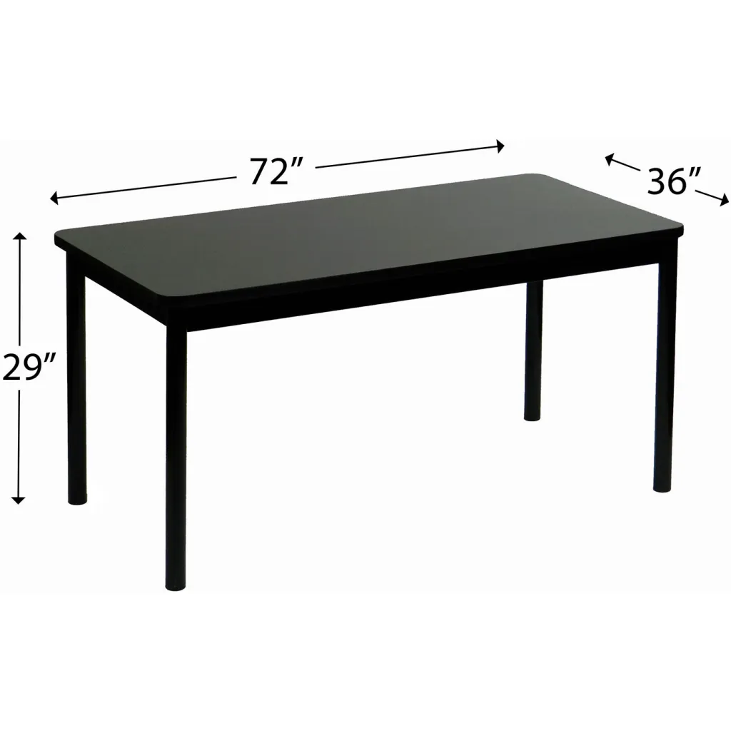 A black table with four legs and dimensions listed