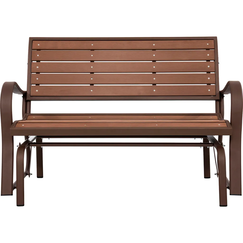 Brown metal bench with slatted back and seat