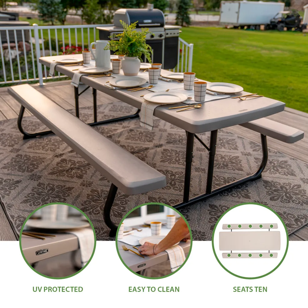 Picnic table set for dining in a backyard
