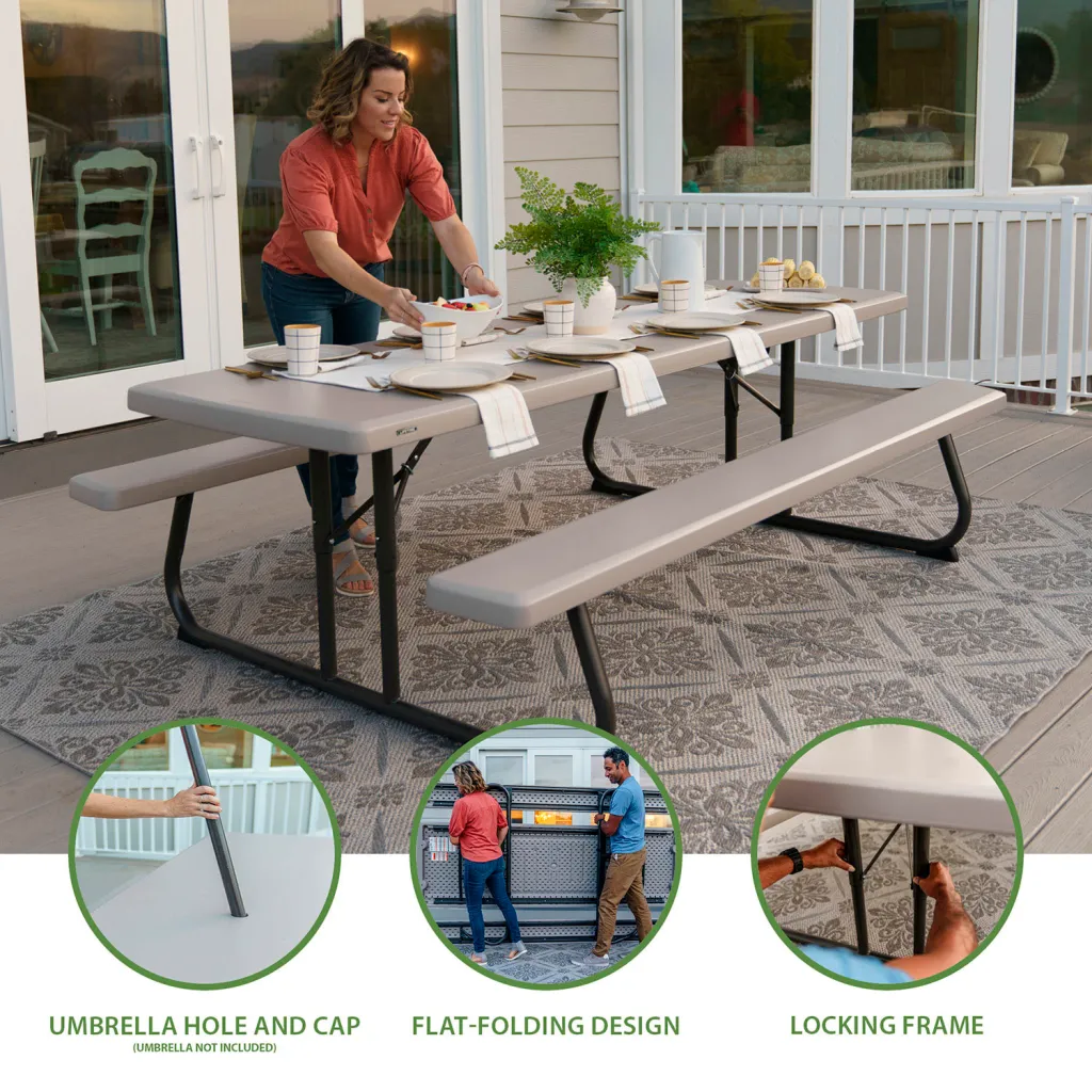 Woman setting a picnic table on a deck