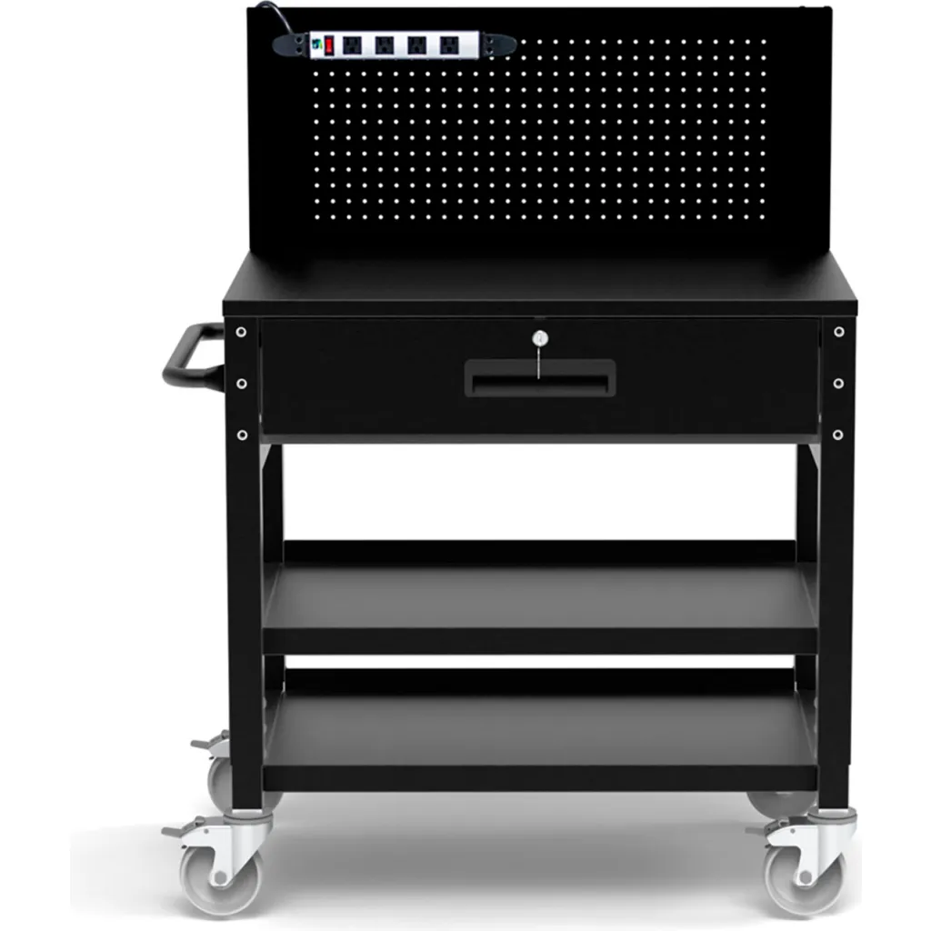 Black metal tool cart with pegboard and drawer