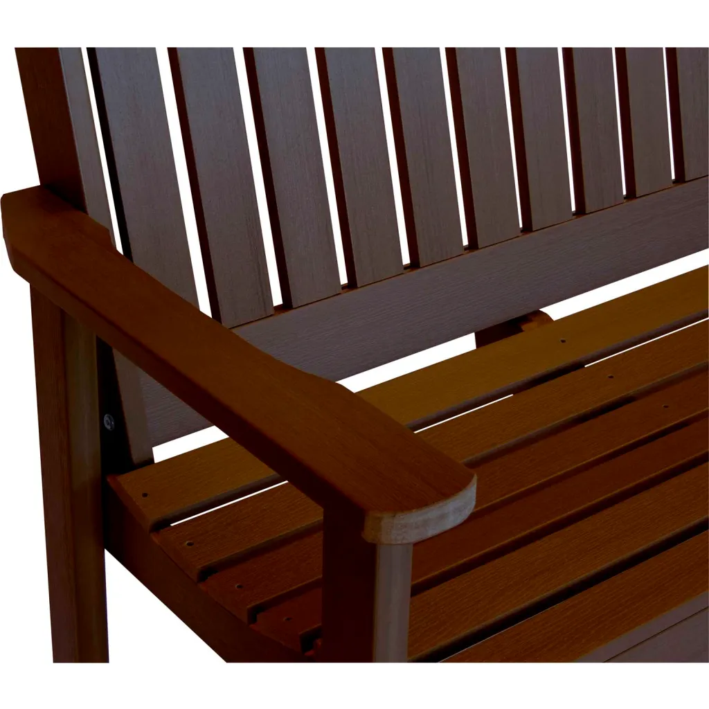 Close-up of brown wooden bench armrest and slats