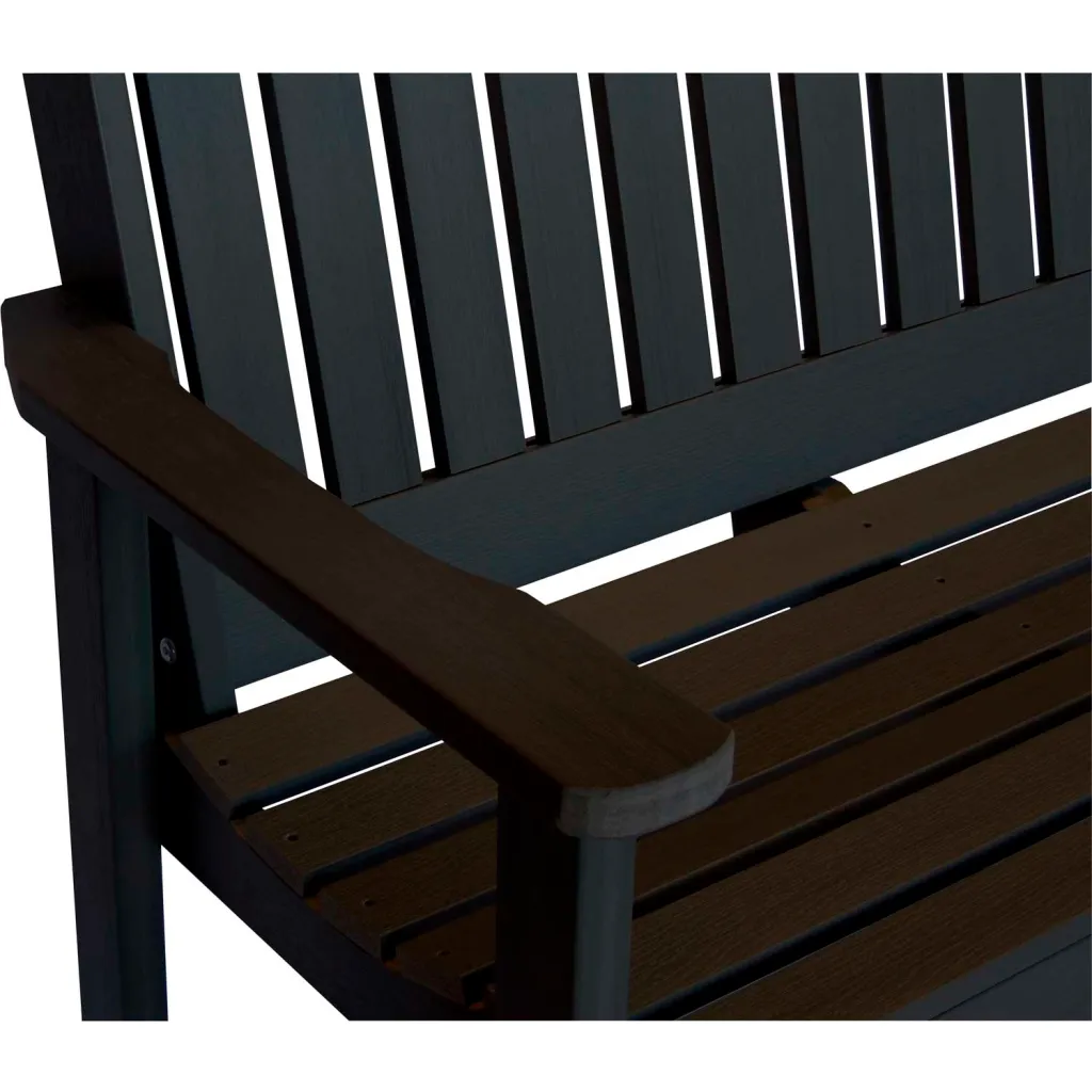 A close-up of the armrest and slatted seat of a black wooden bench.