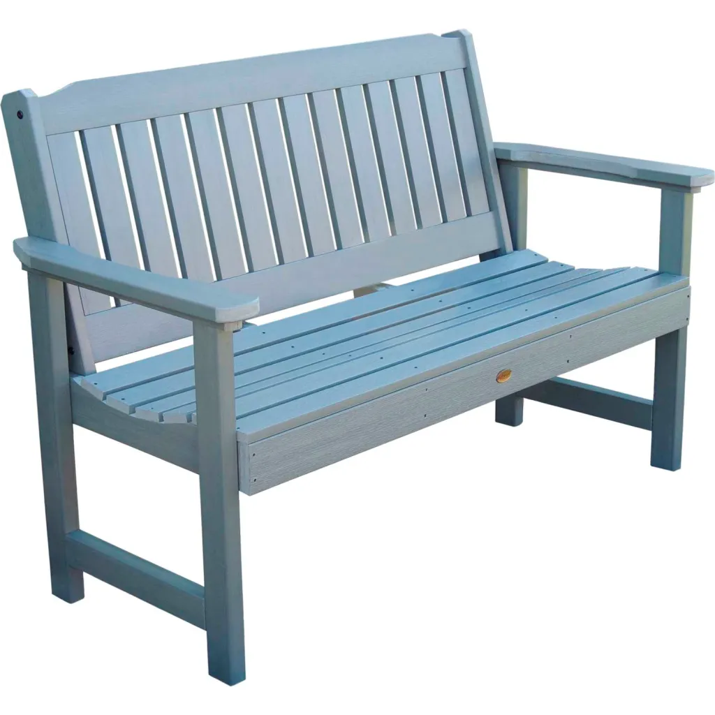 A gray wooden bench with slatted back and seat, and armrests, on a white background.