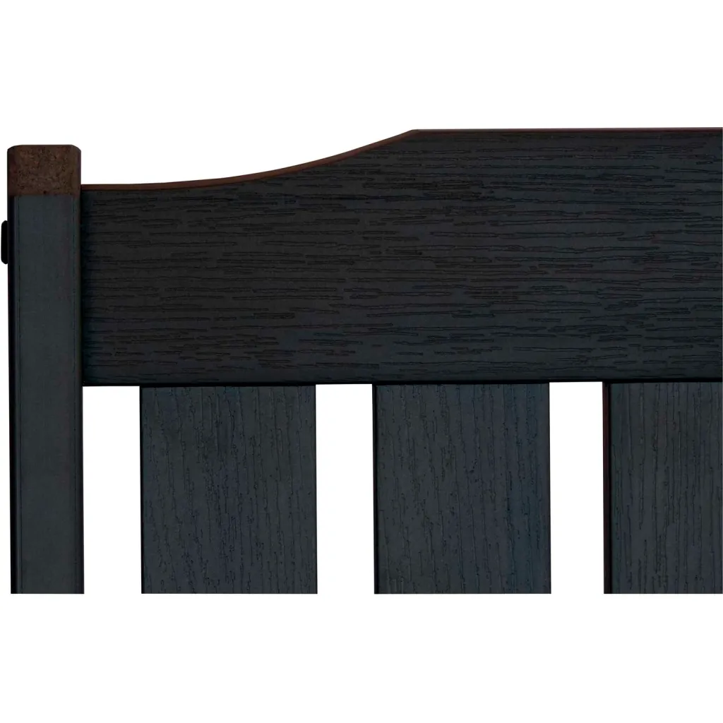A close-up of the top of a black wooden bench, showing the slatted back.