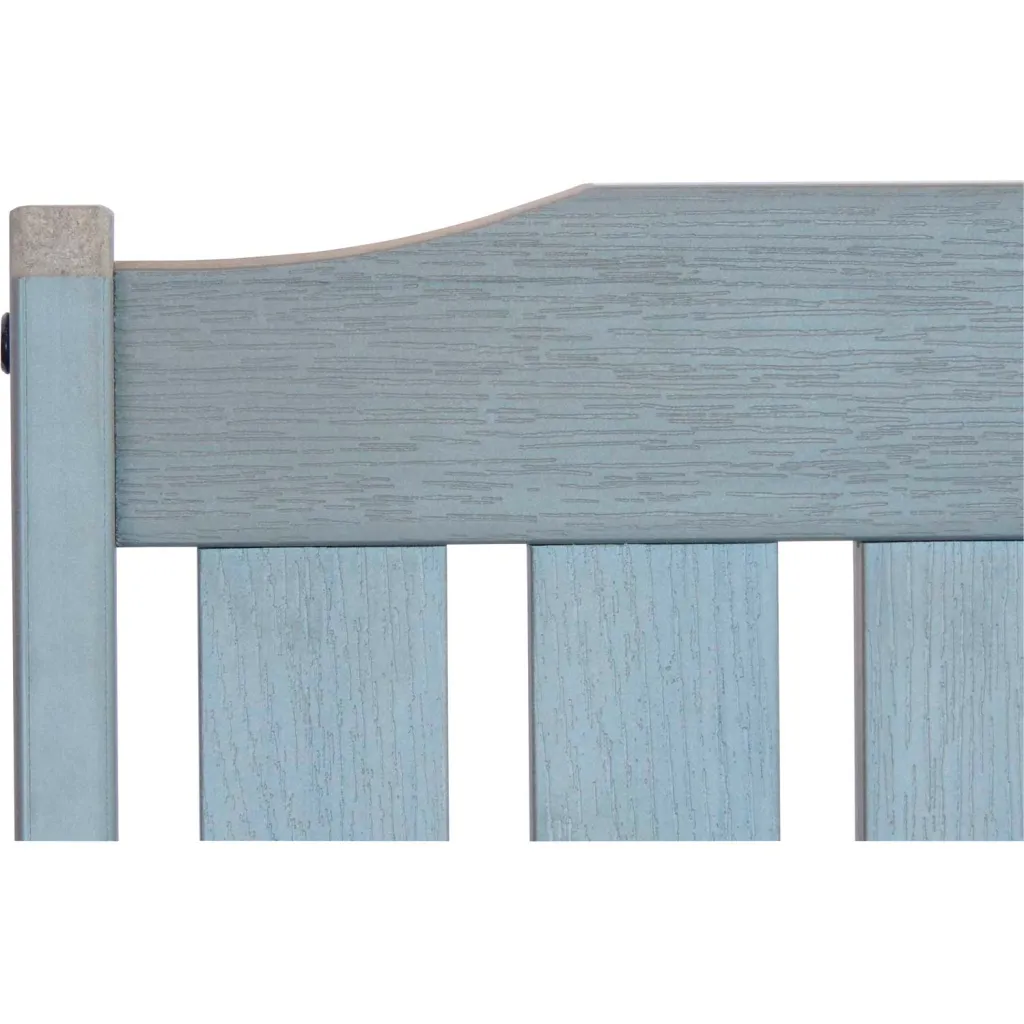 A close-up of the top of a gray wooden bench, showing the slatted back.
