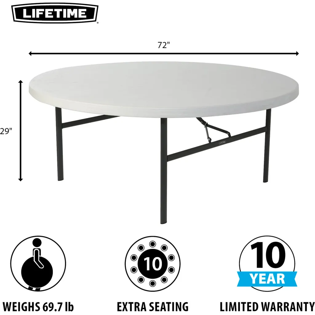 A white round Lifetime table with metal legs and dimensions listed.