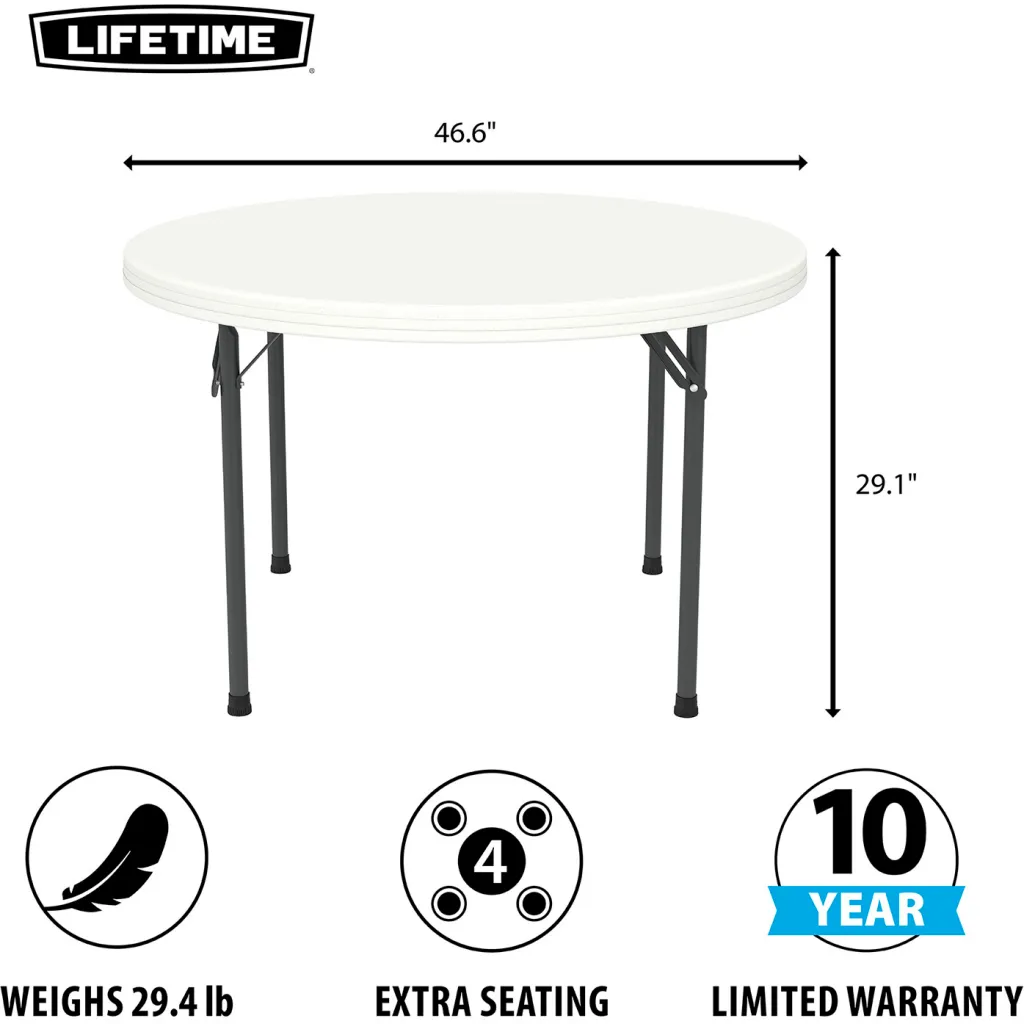 A white round folding table with black metal legs and product specifications