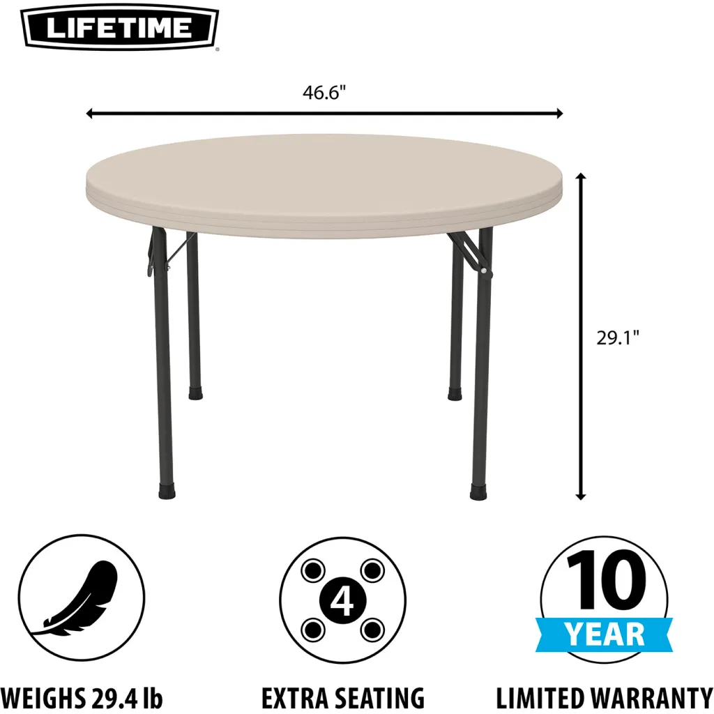A beige folding table with black metal legs and dimensions listed.