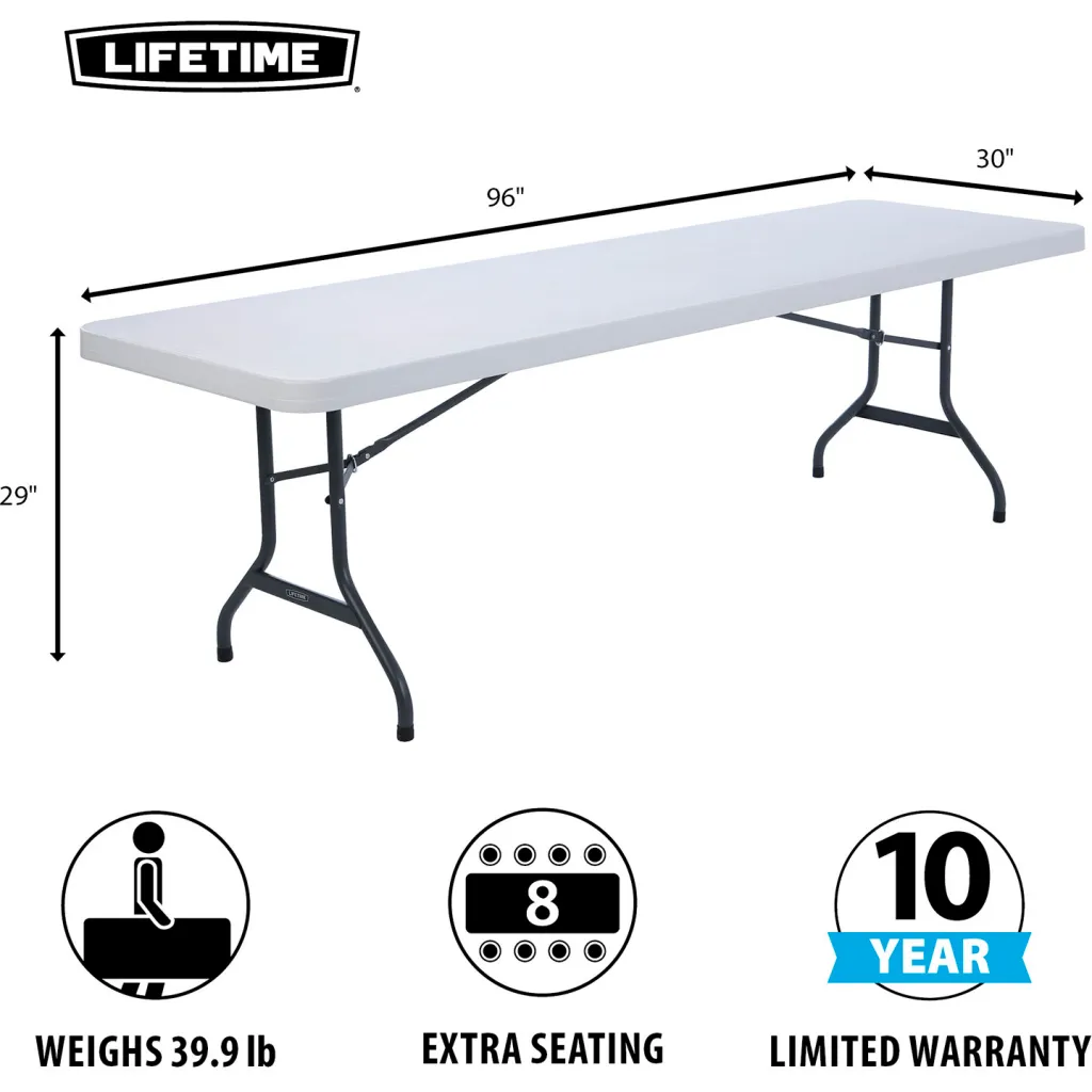 A white folding table with black metal legs and product specifications.