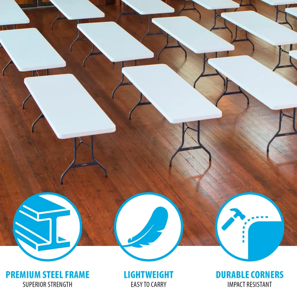 Multiple white folding tables with black metal legs on a wooden floor with product features.