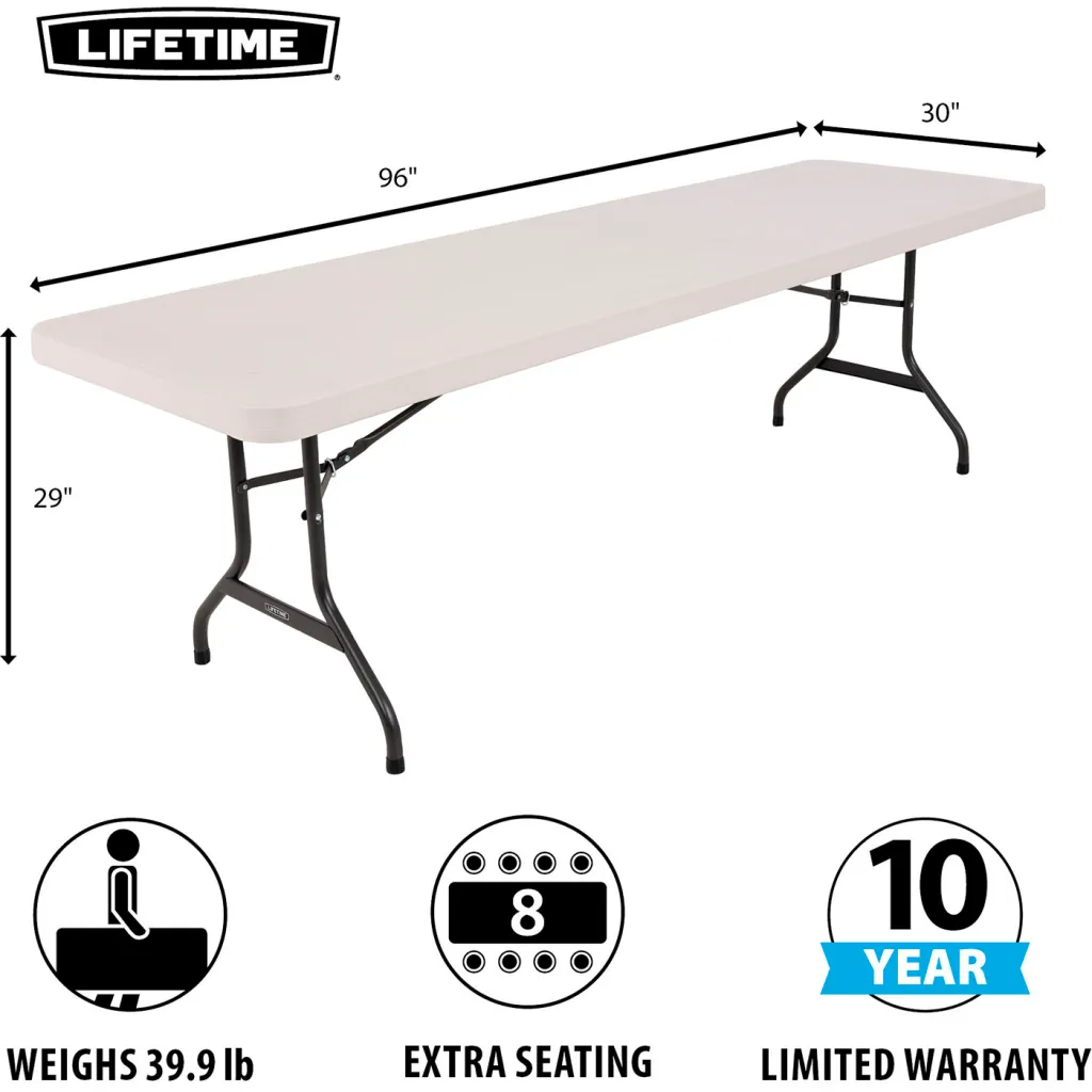A white folding table with black metal legs and product specifications.