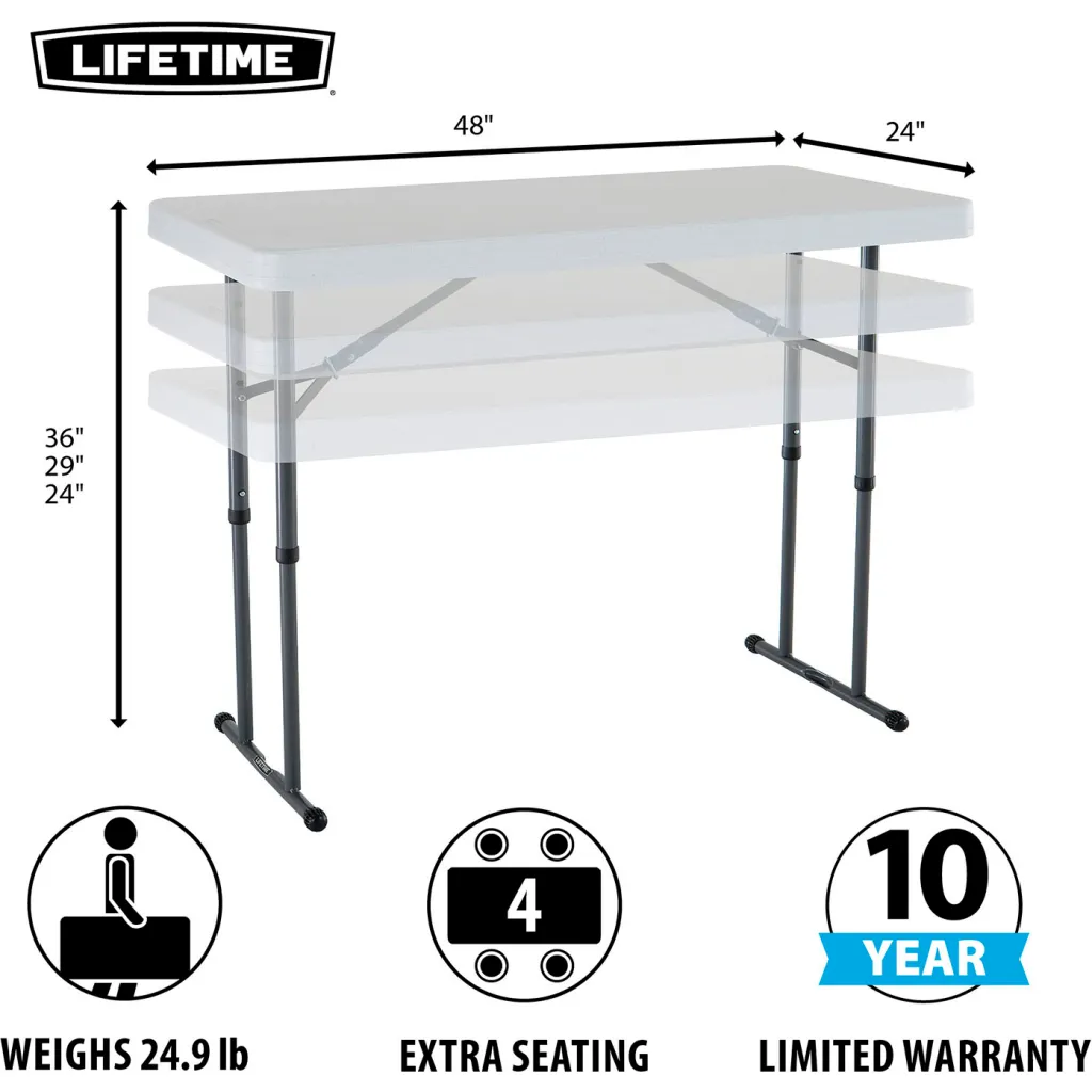 A white folding table with black metal legs and dimensions listed.