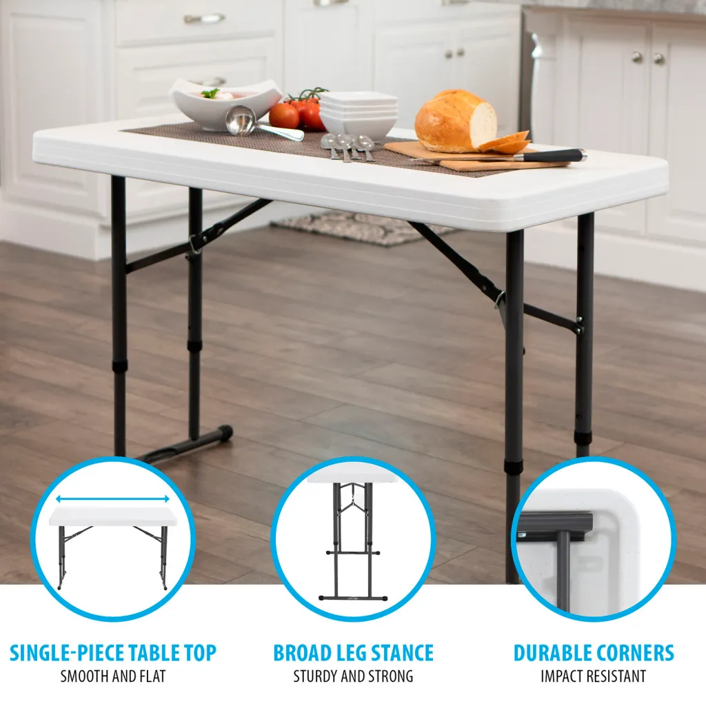 A white folding table with black metal legs and product features listed.