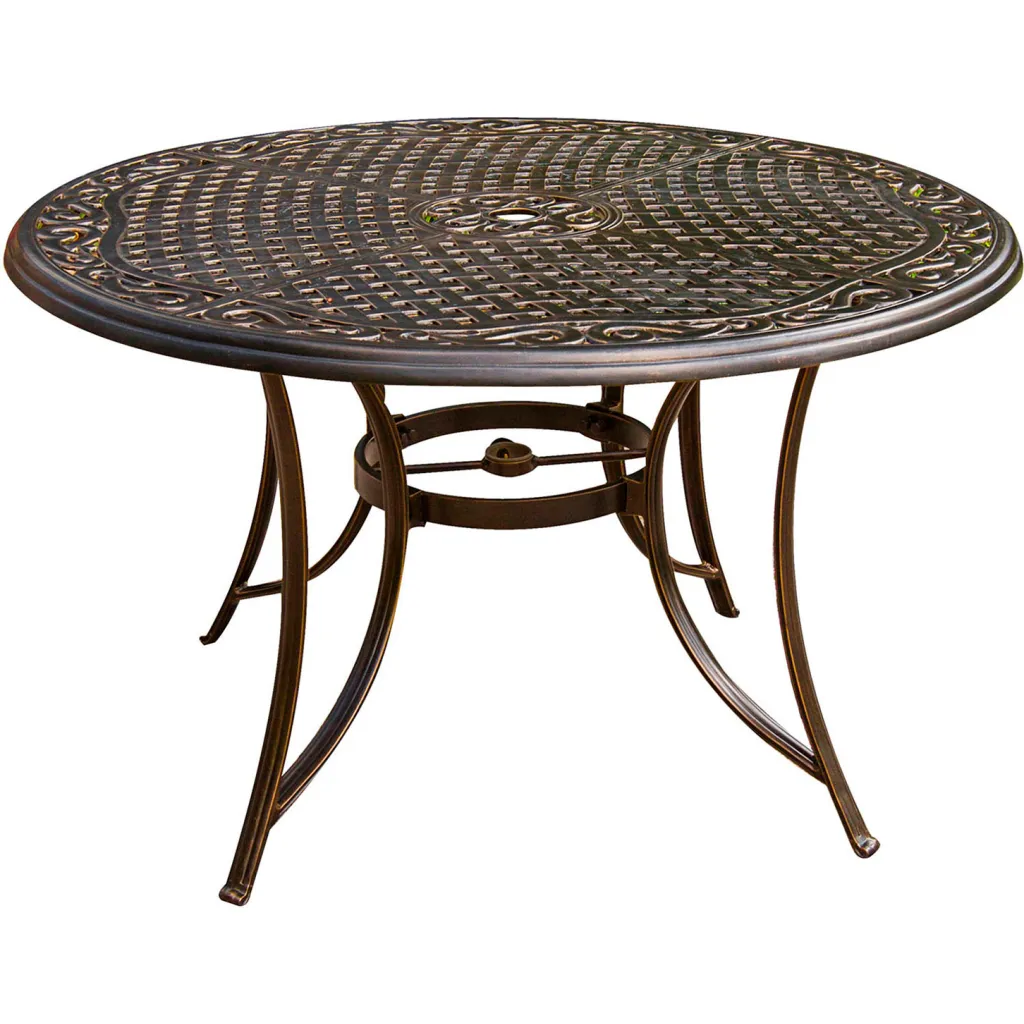 Bronze-finished metal table with intricate design and circular shape.