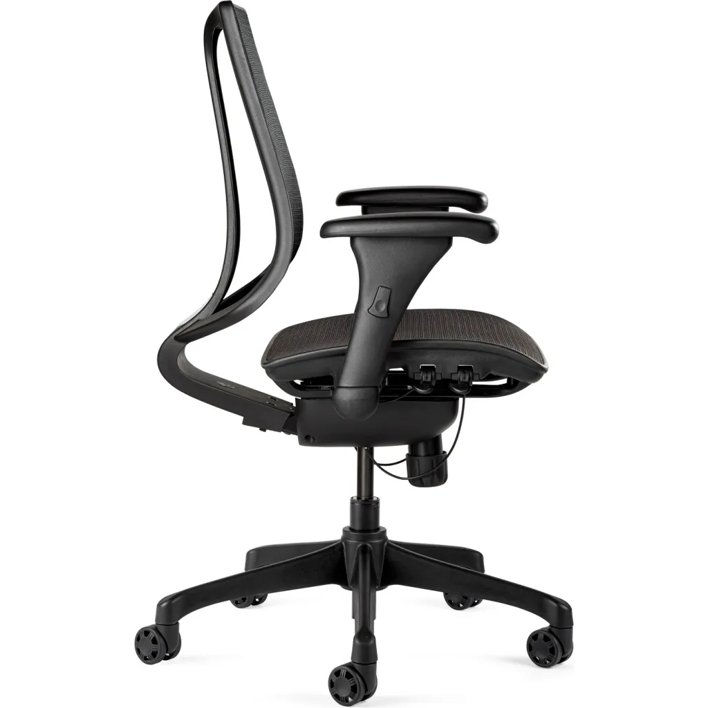 Black office chair with mesh back and seat from the side