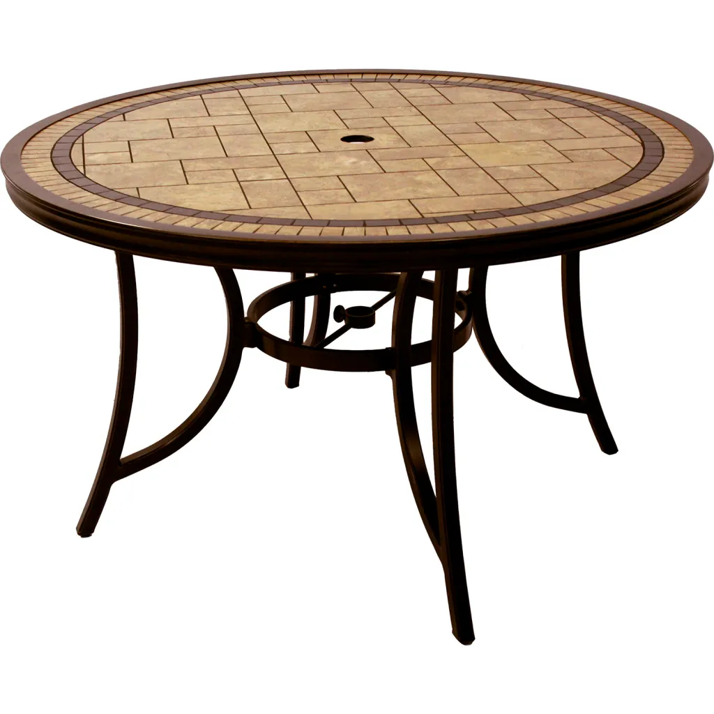 Close-up of a round outdoor table with a tile top and metal base.