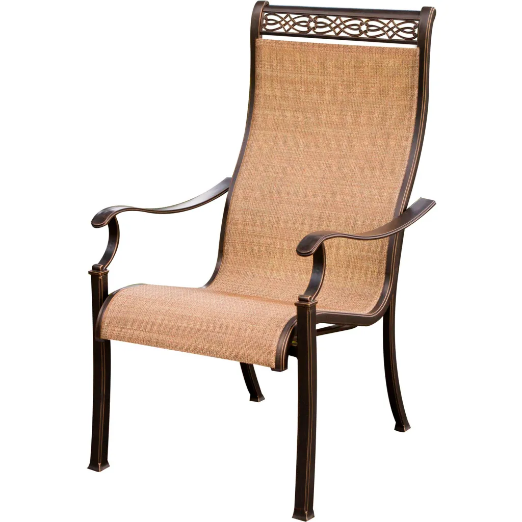 Brown outdoor chair with tan fabric seat and backrest.
