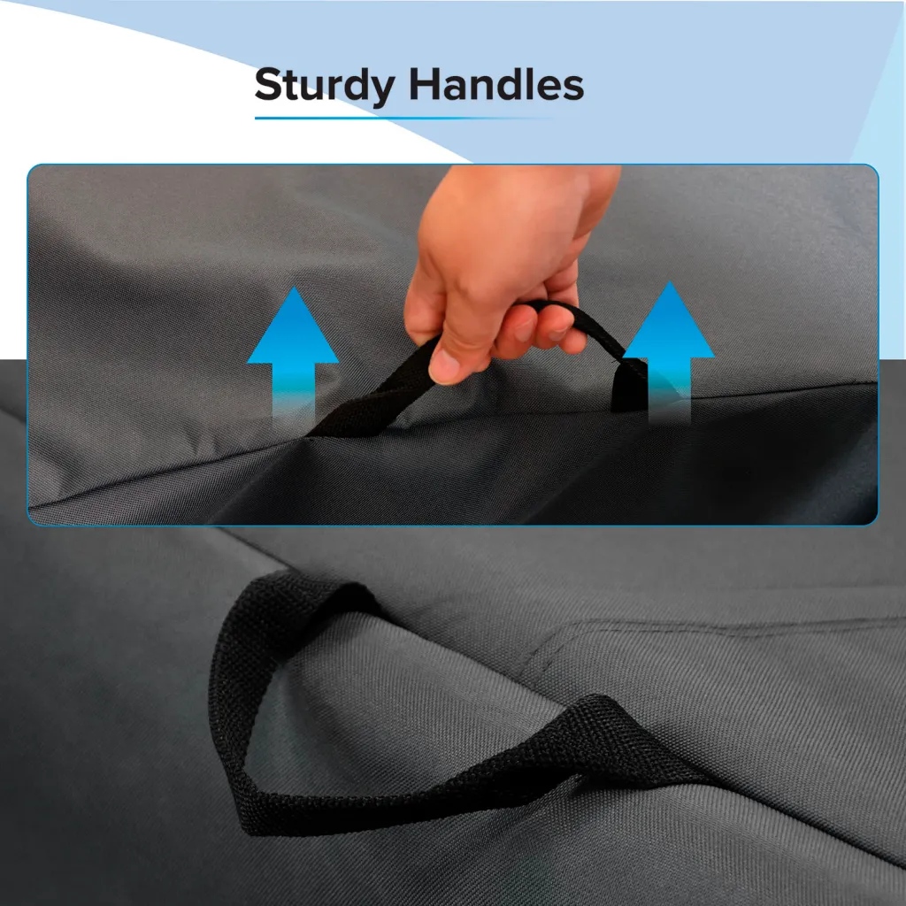 Close-up of black handle on storage ottoman cover