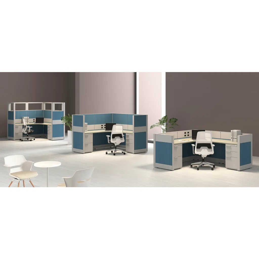 Office cubicle setups with blue and white dividers and chairs
