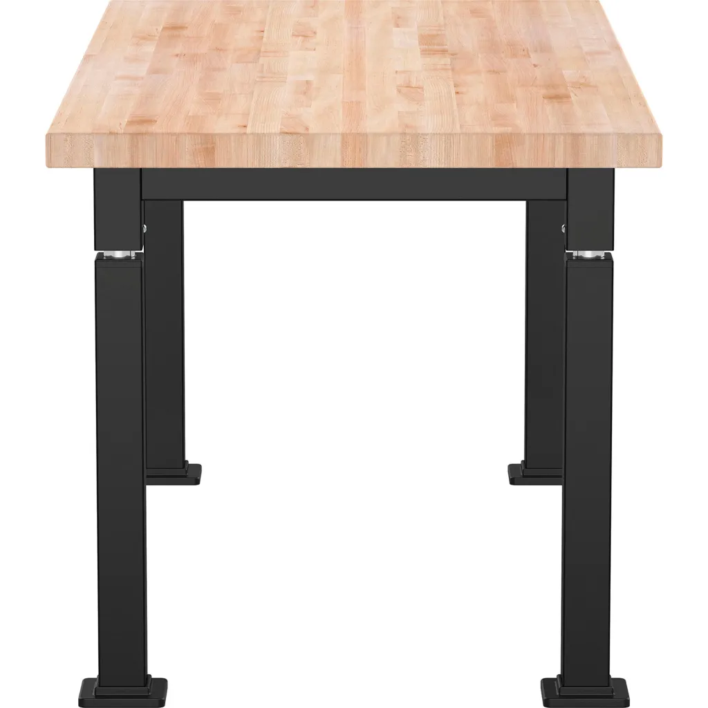 Close-up of butcher block table top and legs