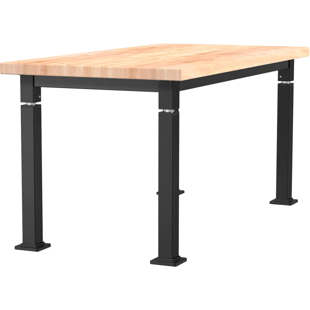 Three-quarter view of butcher block table