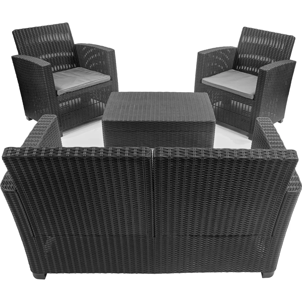 Outdoor furniture set with sofa, coffee table, and two chairs from top view