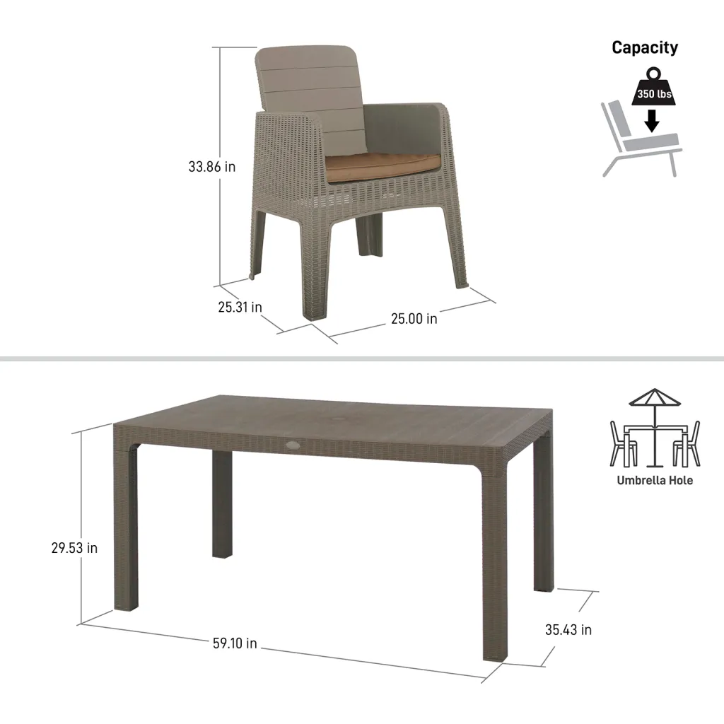 Detailed dimensions and specifications of outdoor chair and table