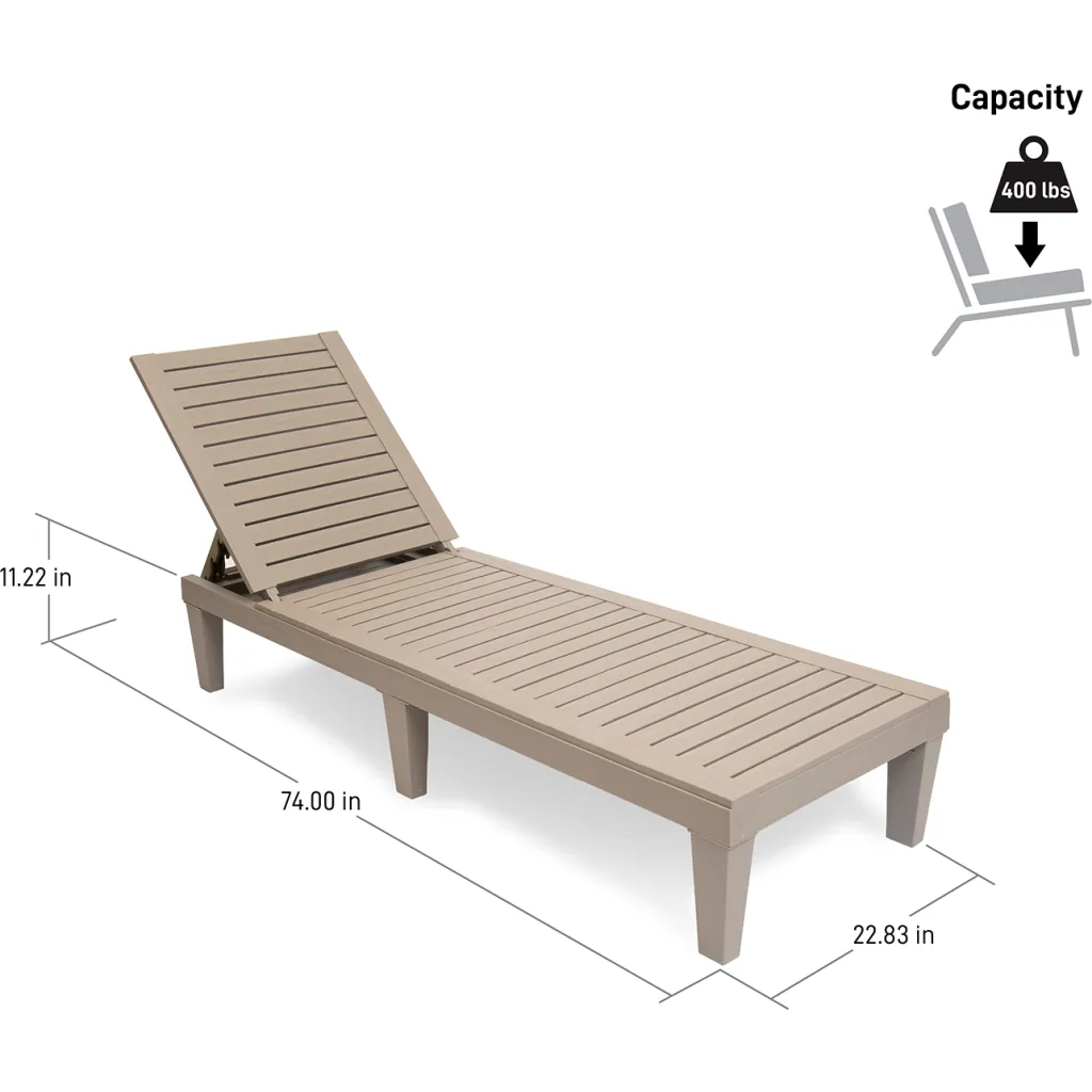 Tan outdoor chaise lounge chair with slatted design and dimensions