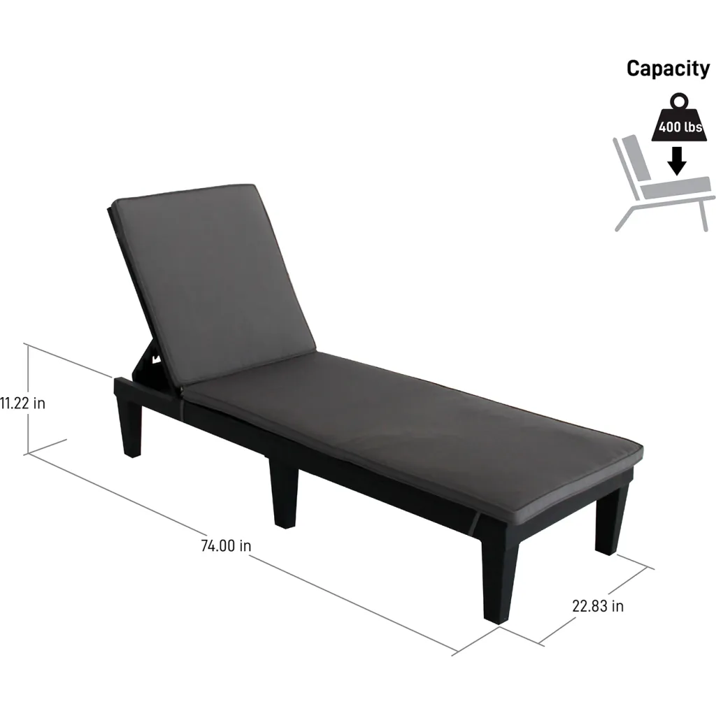 Black outdoor chaise lounge chair with gray cushion and dimensions