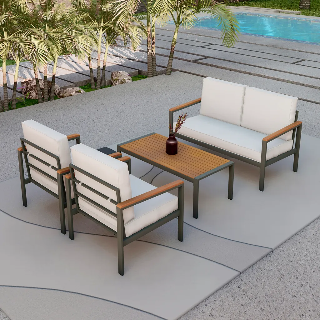 Outdoor furniture set by a pool with palm trees