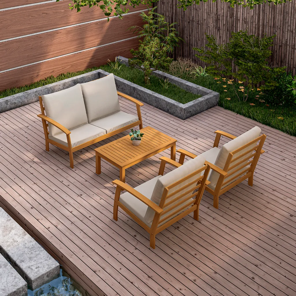 Patio furniture set on a deck from above