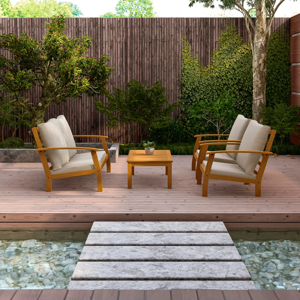 Two patio chairs and a table on a deck