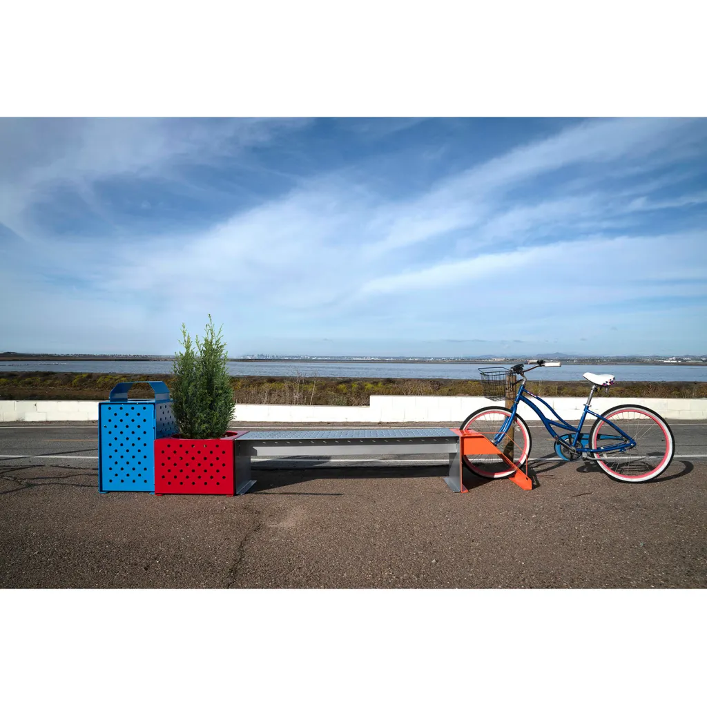 Colorful metal bench with bike and planters