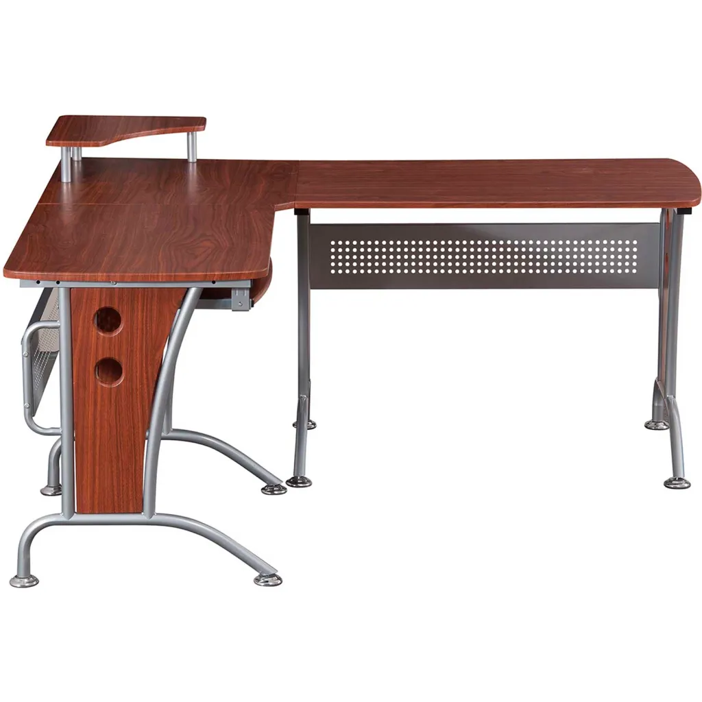 Corner desk with a keyboard tray and a small shelf from a different angle