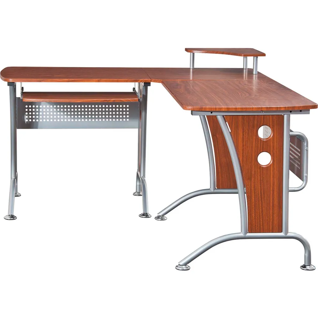 Corner desk with a keyboard tray and a small shelf from another angle