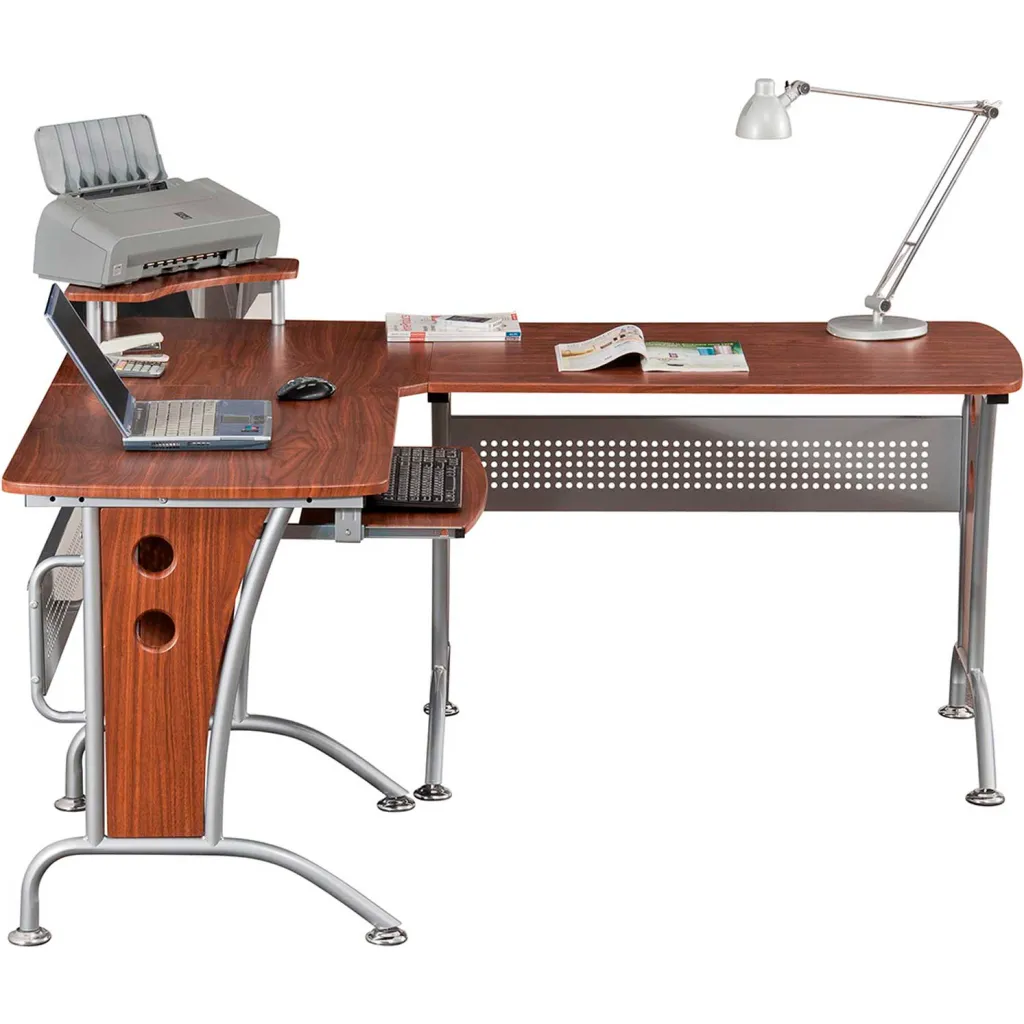 Corner desk with a keyboard tray, small shelf, and various office supplies from a different angle