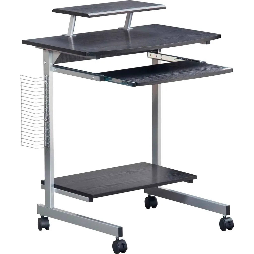 A mobile workstation with multiple shelves and drawers.